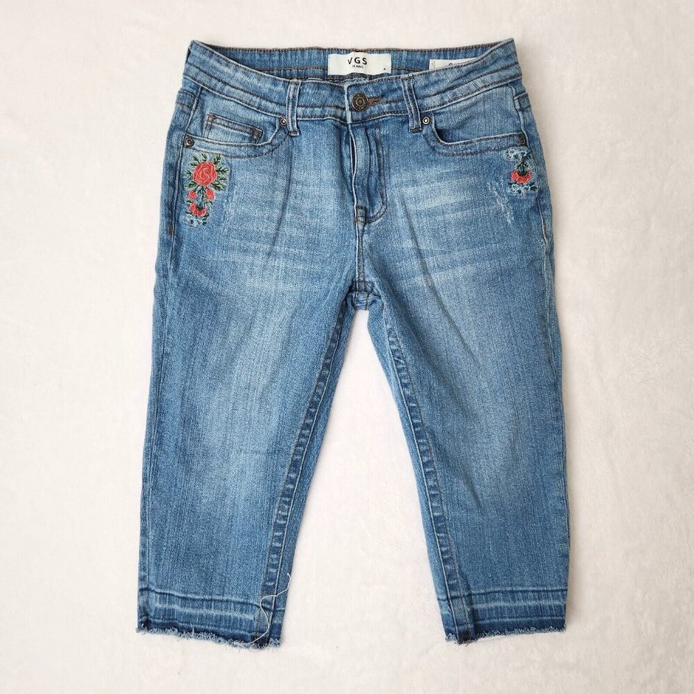 Y2K Embroidered Denim Capri‎ Pants Size 4 Floral VGS Jeans Cotton Stretch Blue